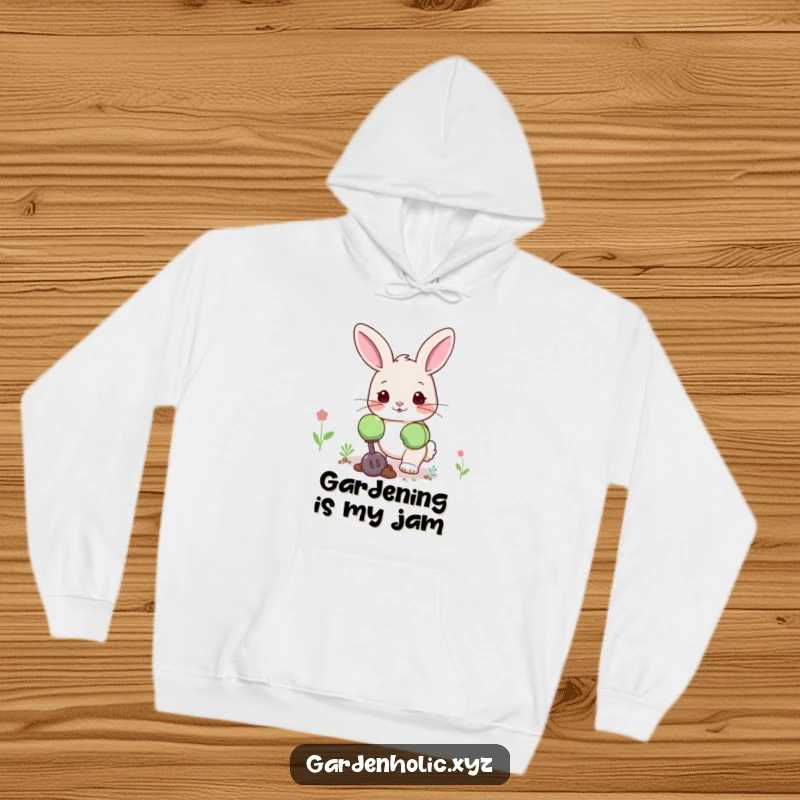 Funny bunny hoodie featuring a cute bunny in oversized gardening gloves, digging happily, perfect for a comfy, fun gift.