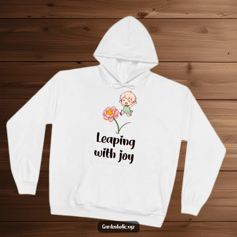 Funny Hoodie: Character celebrating a successful jump over a blooming flower, radiating fun and warmth.
