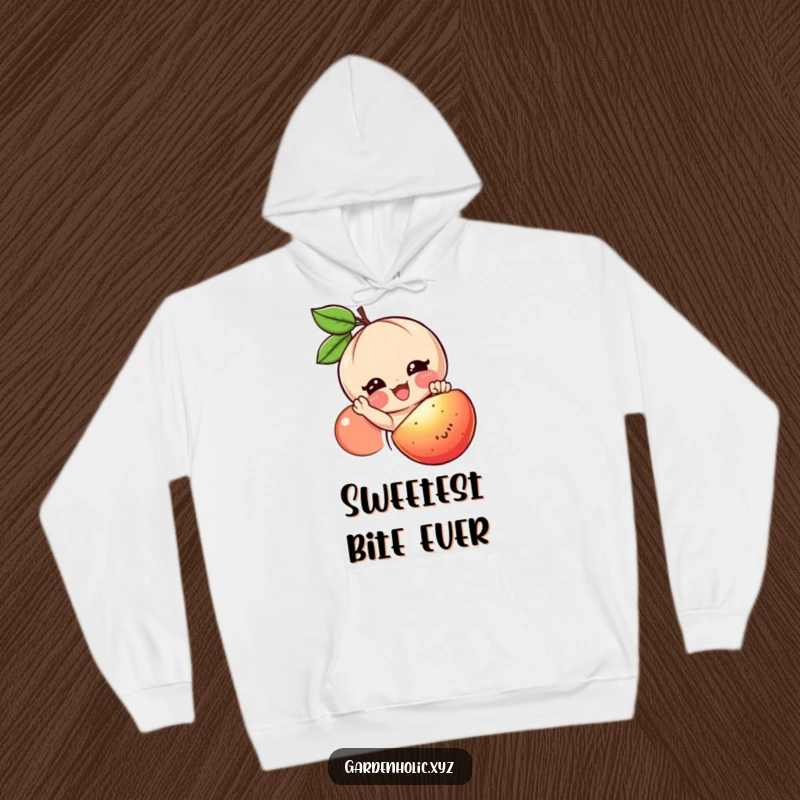 Funny fruit lover hoodie with a smiling character reaching for a juicy, ripe fruit, perfect for cozy occasions.