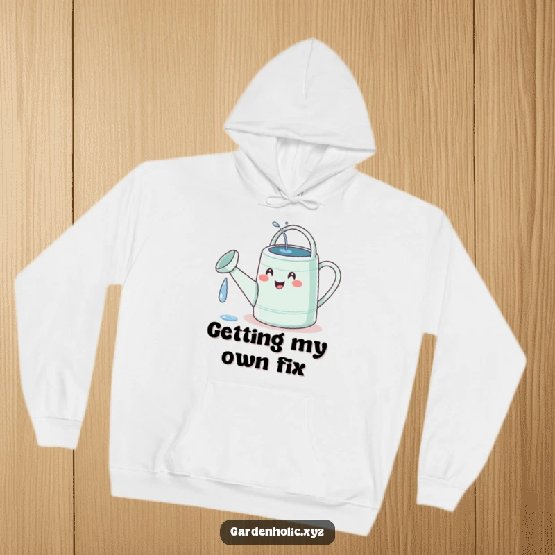 Funny garden self-care hoodie showing a watering can with a tiny, delighted face hilariously watering its own spout, perfect for relaxation.