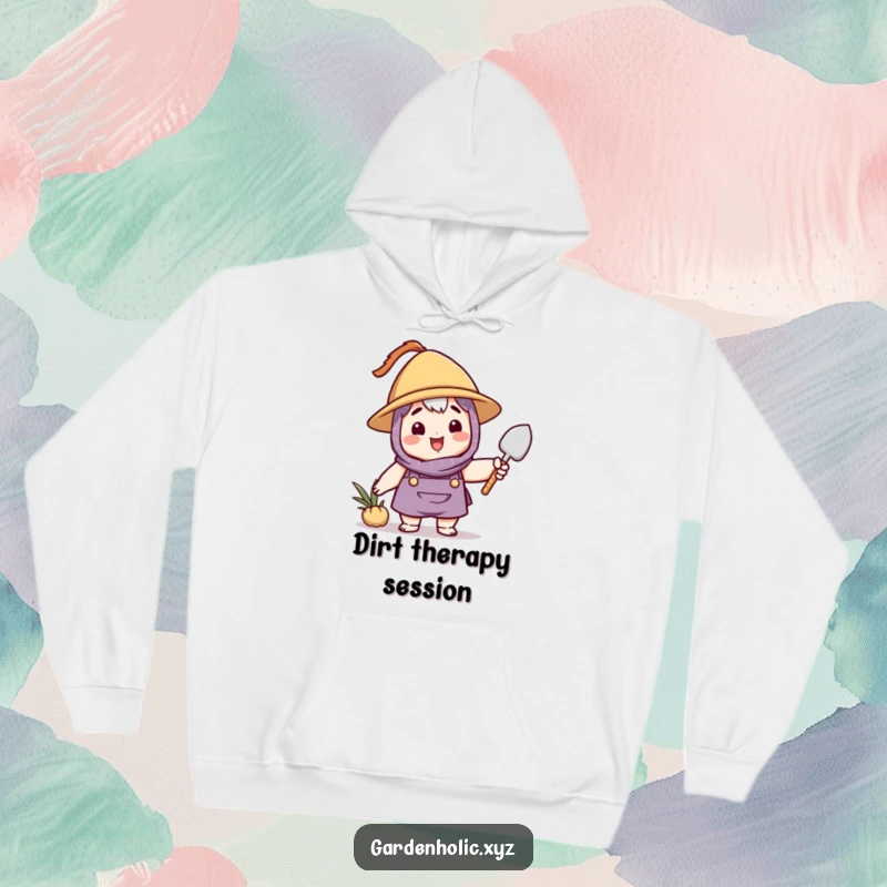 Funny gardener hoodie featuring a happy character in a hat, energetically waving a small trowel, ideal for cold weather gardening.