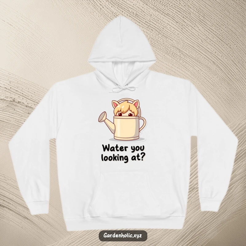 Funny hoodie with a mischievous character hiding behind a giant watering can, ready for garden fun.