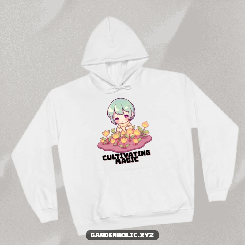 Funny Hoodie: Character tending to faintly glowing plants, creating a cozy and magical atmosphere for the wearer.