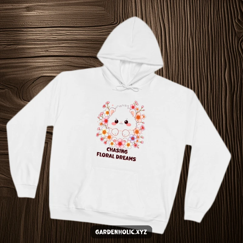 Funny hoodie showing a fluffy creature surrounded by colorful blossoms, perfect for cozy days and nature enthusiasts.
