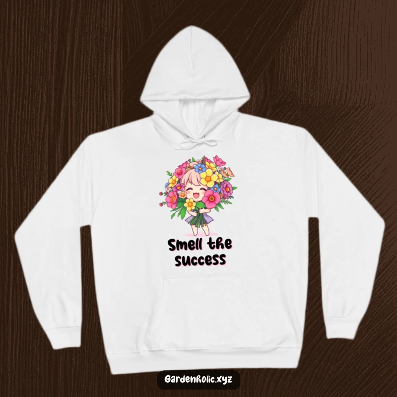 Funny hoodie with a joyful character holding a massive, colorful flower bouquet, offering comfort and cheer, a warm and funny gift.