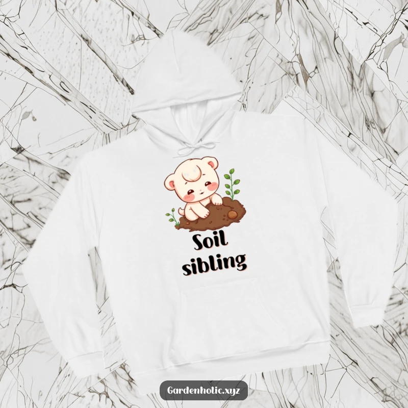 Funny Hoodie: Character digging in rich soil, designed for comfort and warmth during outdoor gardening tasks.