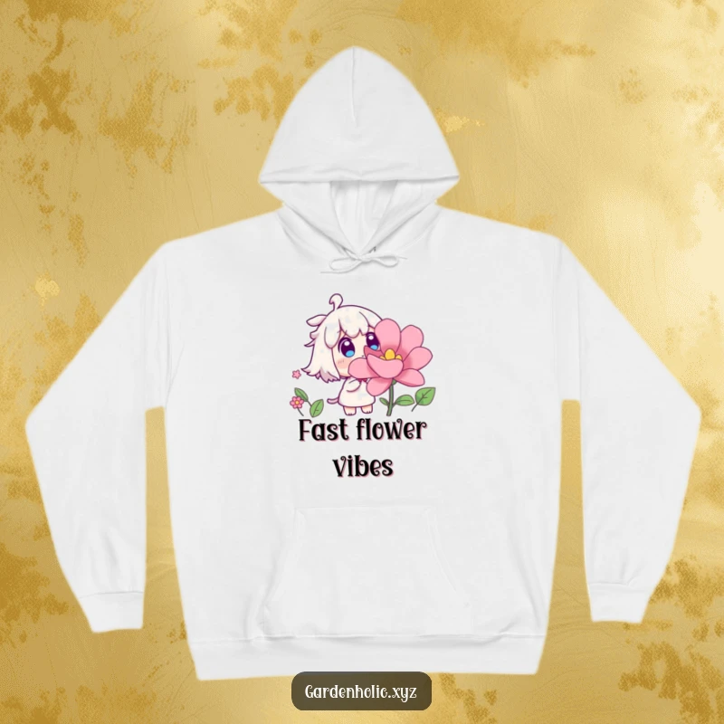 Funny hoodie featuring a surprised character watching a flower rapidly bloom, offering warmth and a sense of amazement, a cozy and funny gift.