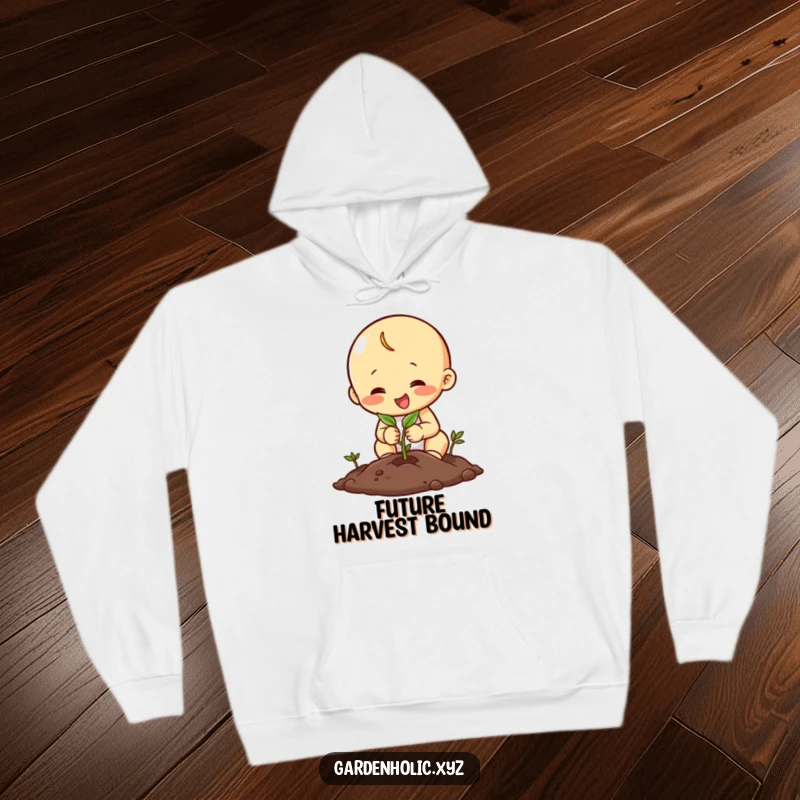 Funny hoodie illustrating a happy character's focused effort in planting a seed, offering warmth and a theme of growth.