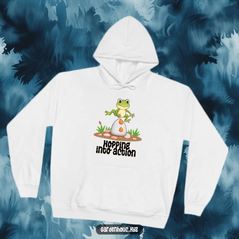 Funny Hoodie: An energetic frog mid-leap over a bemused garden gnome, showcasing a hilarious garden escape, perfect for screen readers.