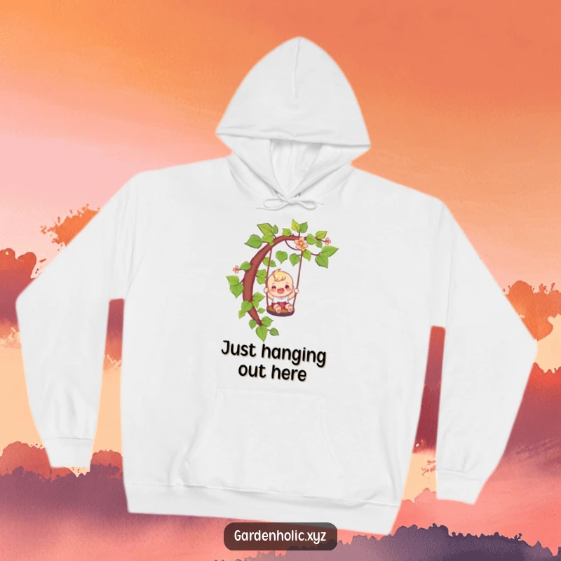 Funny adventure hoodie with a happy character sliding down a vine like a playful swing, a wonderful funny gift.