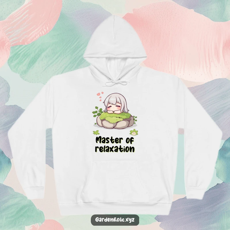Funny hoodie with a character sighing contentedly while resting on a mossy stone, offering warmth and humorous tranquility.