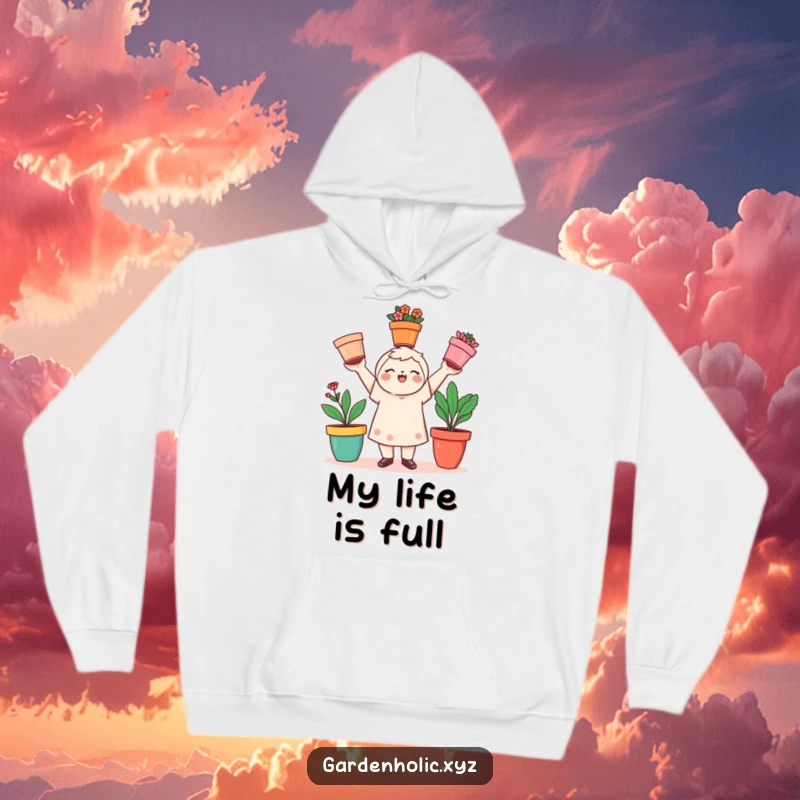 Funny gardener hoodie with a playful character juggling three colorful flower pots, a wonderful funny gift.