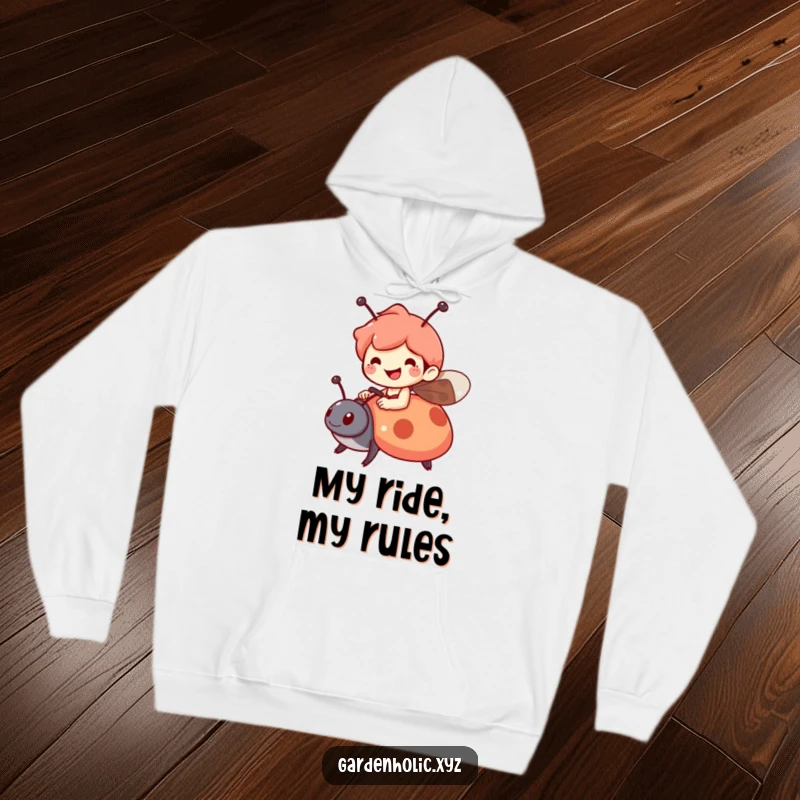 Funny hoodie with a cheerful character riding a ladybug, offering warmth and a sense of adventure, a cozy and funny gift.