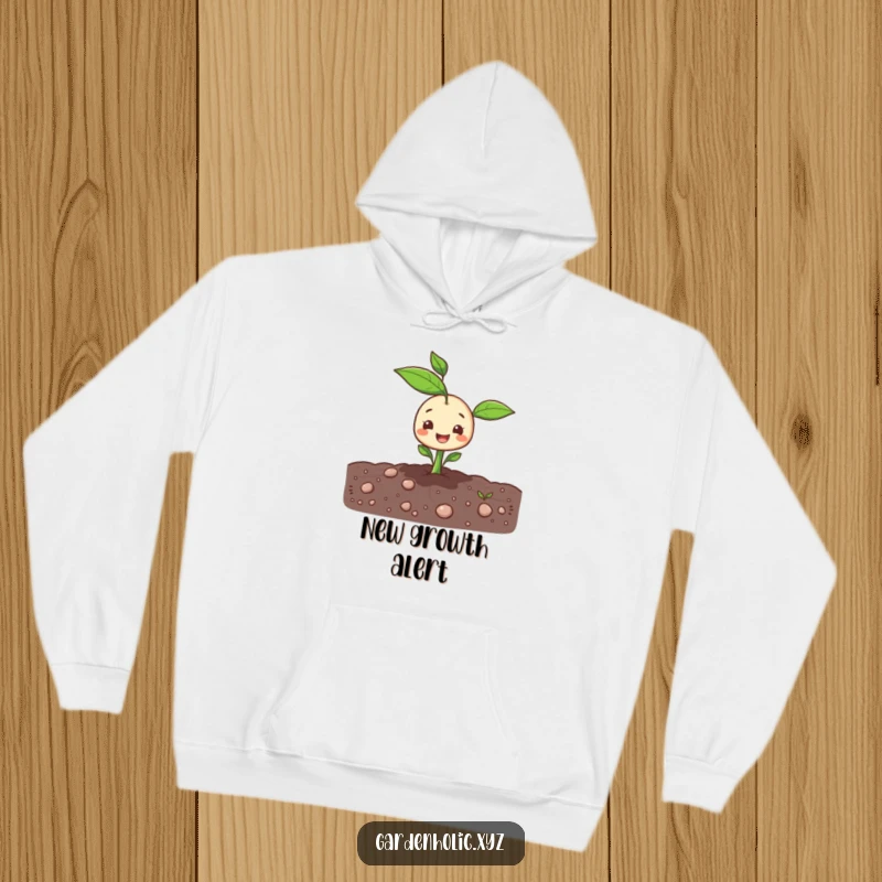 Funny sprout character happily emerging from the ground on a soft, cozy hoodie.