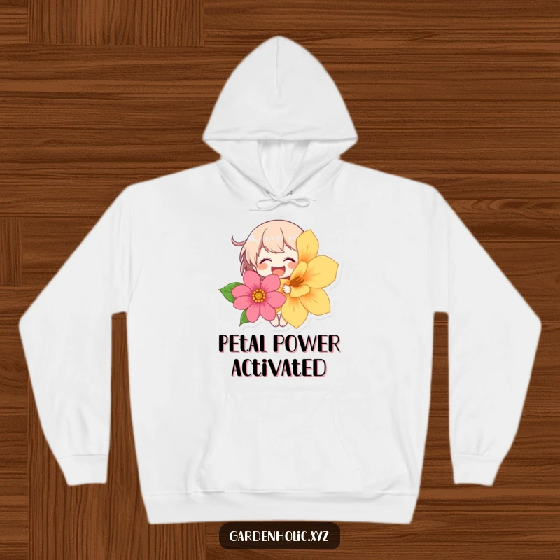 Funny hoodie with a character giggling joyfully while holding a huge, colorful flower, perfect for cheerful individuals.