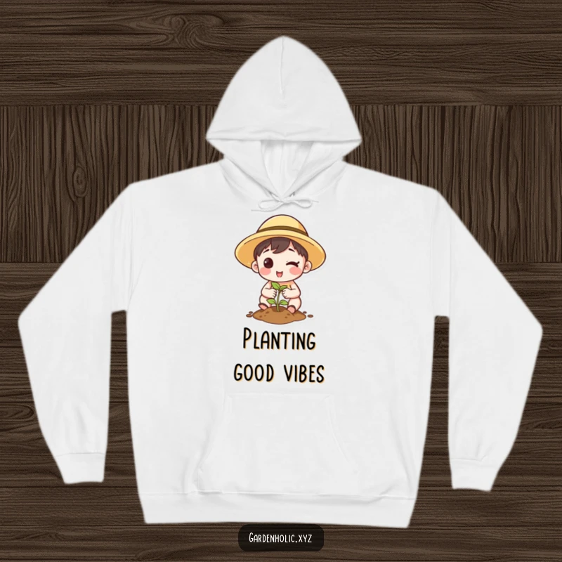 Funny Hoodie: Character winking under a sun hat while planting a seed, offering warmth and a cheerful message.
