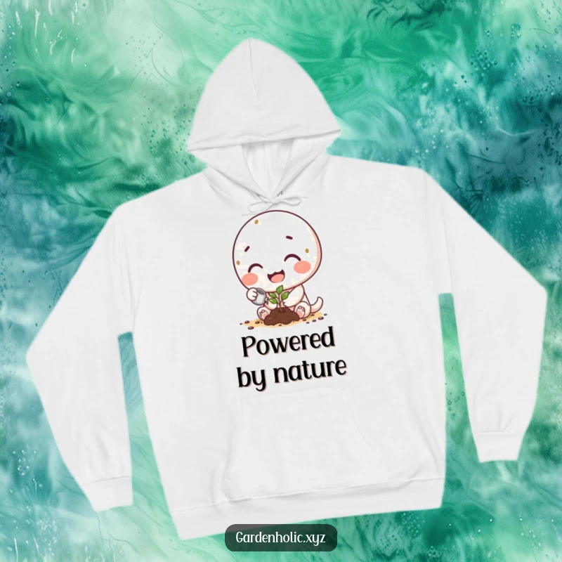 Funny hoodie depicting a happy character with dirt smudges watering a small, delicate sprout with care.