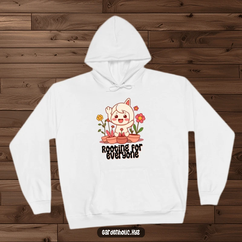 Funny hoodie featuring a character giving a happy, delighted wave, surrounded by a lush and vibrant collection of smiling plants.