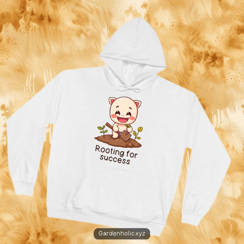 Funny hoodie with a cheerful character sporting a wide grin, actively planting a seed with a small shovel.