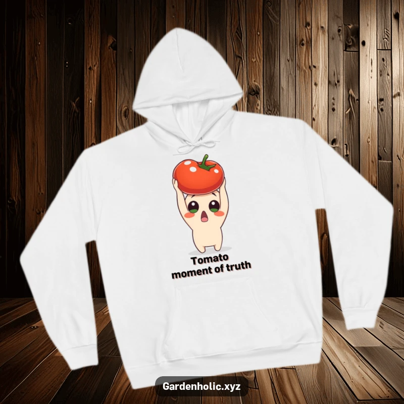 Funny surprised character holding a ripe tomato overhead, depicted on a soft hoodie, offering warmth and humorous delight, a cozy funny gift.