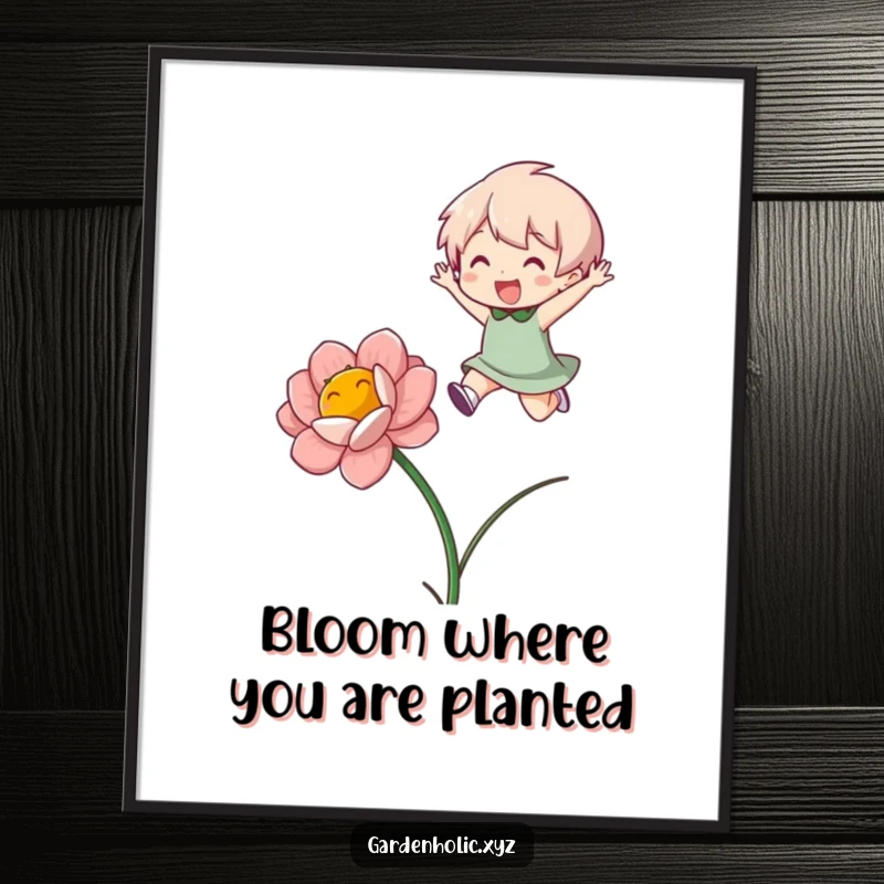 Funny Free Printable Wall Art: A character gleefully jumping high over a colorful blooming flower, creating a vibrant and humorous downloadable art piece.