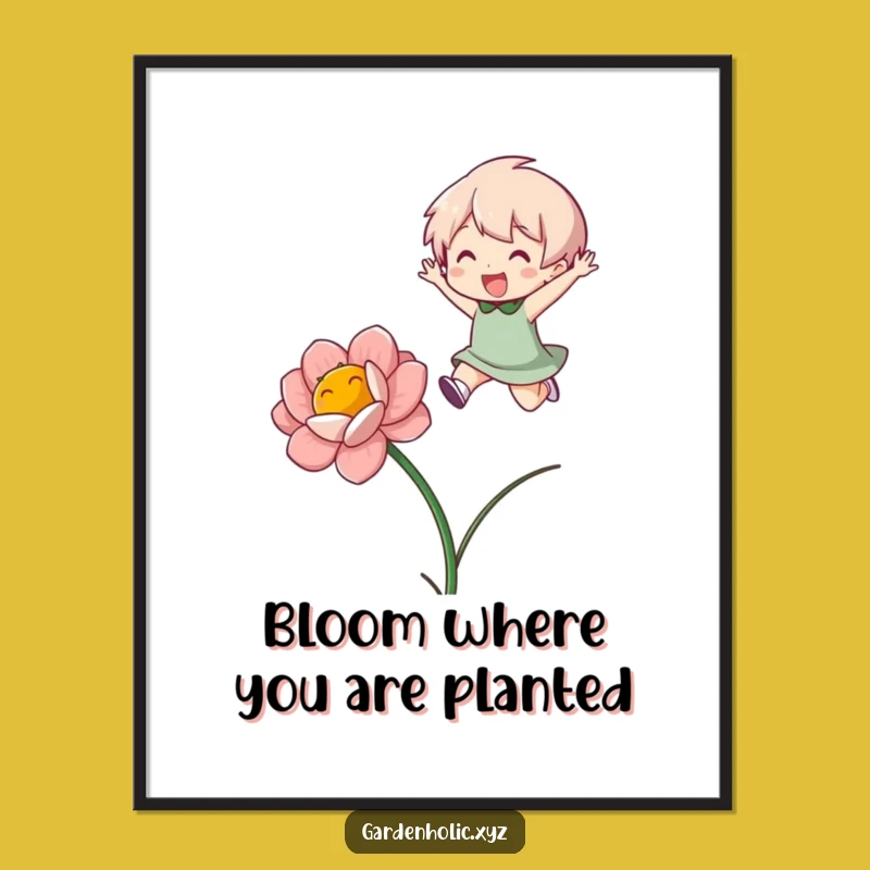 Free Printable Wall Art: Funny Jumping Character Bloom Design, Downloadable Humorous Home Decor