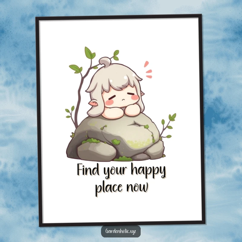 Funny Free Printable Wall Art: Contented character rests on a mossy stone, exhaling a gentle, peaceful sigh.