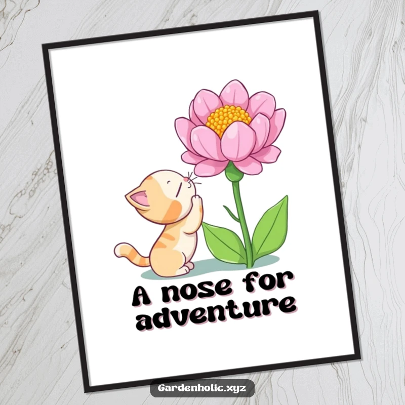 Funny Free Printable wall art of a curious cat sniffing a giant blooming flower with wide-eyed wonder and fascination.