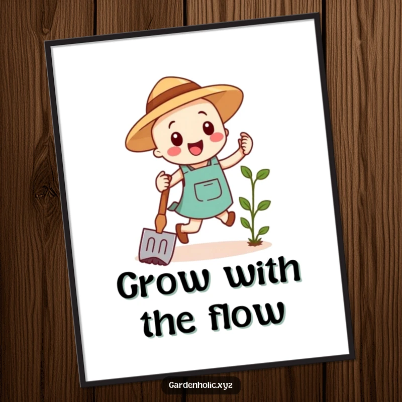 Funny Free Printable Wall Art: A happy gardening hoe performs a cheerful hop, bringing garden humor to your walls.