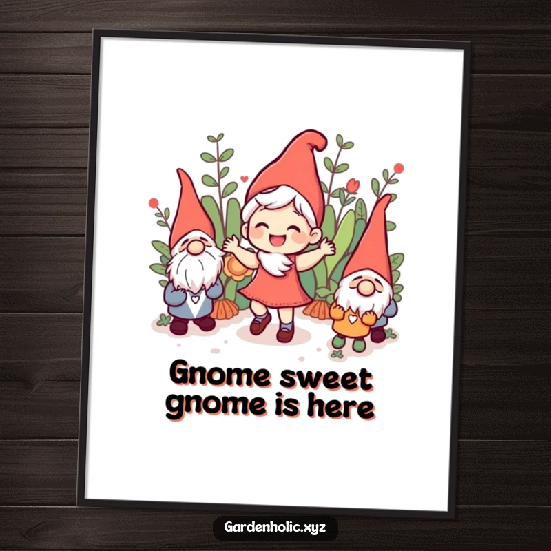 Funny Free Printable wall art of a character joyfully dancing a jig surrounded by whimsical garden gnomes.