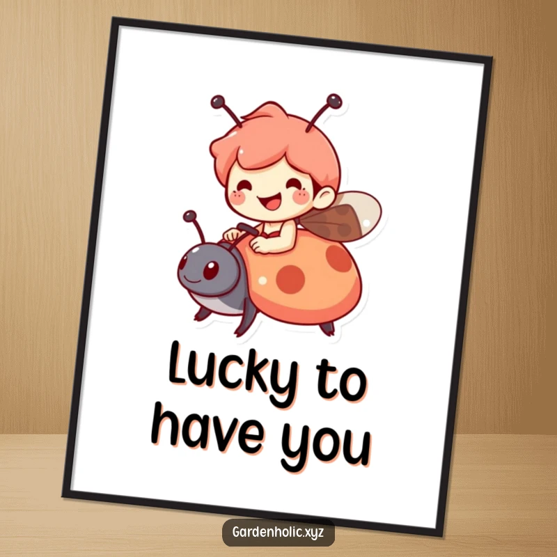 Funny Free Printable Wall Art: Cheerful character grins, riding a friendly ladybug on a whimsical adventure.