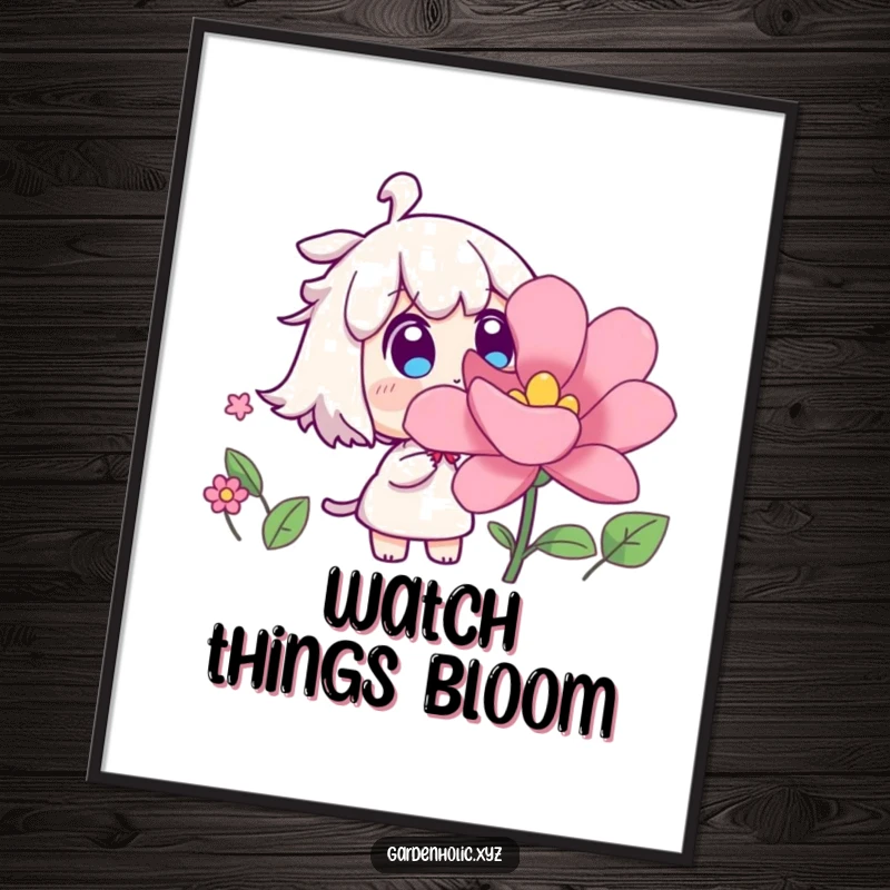 Funny Free Printable Wall Art: Surprised character observes a flower blooming with astonishing speed and beauty.