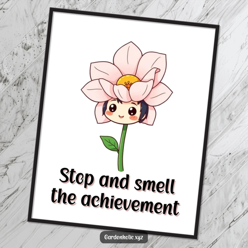 Funny Free Printable Wall Art: Cheerful character gazes in wonder at a spectacular, oversized flower that is in full bloom.