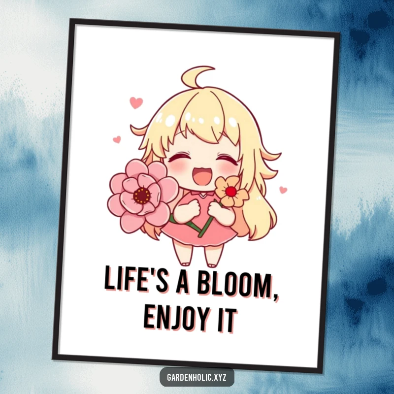 Funny free printable wall art of a cute character radiating happiness while presenting a beautiful, blooming flower.
