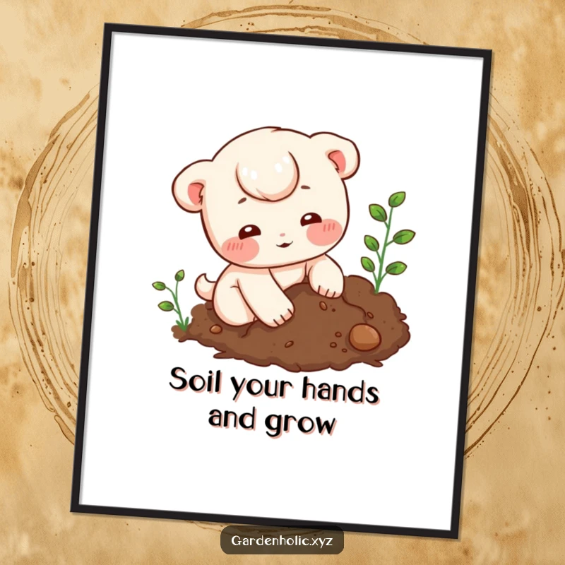 Funny Free Printable Wall Art: A character with rosy cheeks playfully digging in rich soil, a whimsical and humorous downloadable art piece.