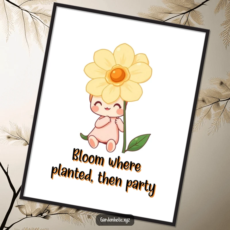 Funny Free Printable Wall Art: A cheerful character lovingly admiring a large, vibrant blooming flower in full glory.