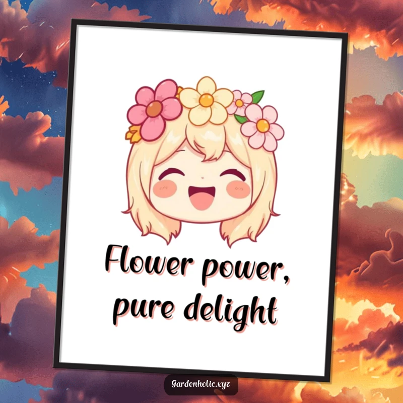 Funny Free Printable Wall Art: Joyful character adorned with a flower crown, beaming with infectious happiness.