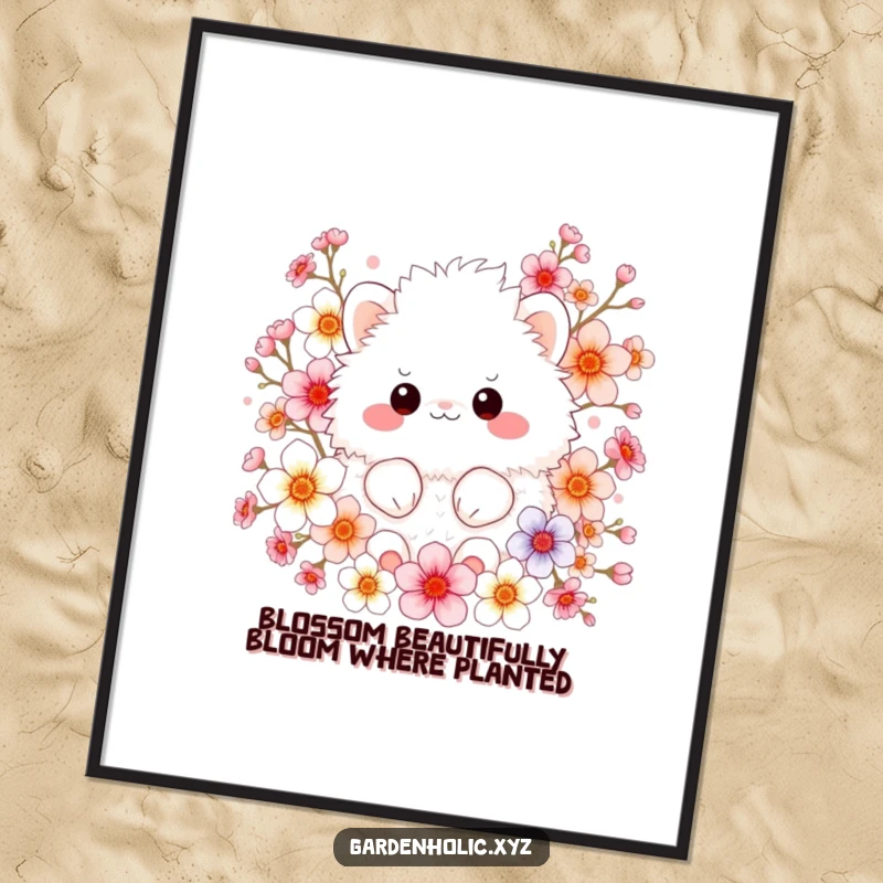 Funny Free Printable Wall Art: Fluffy creature surrounded by colorful blossoms, creating a serene scene.