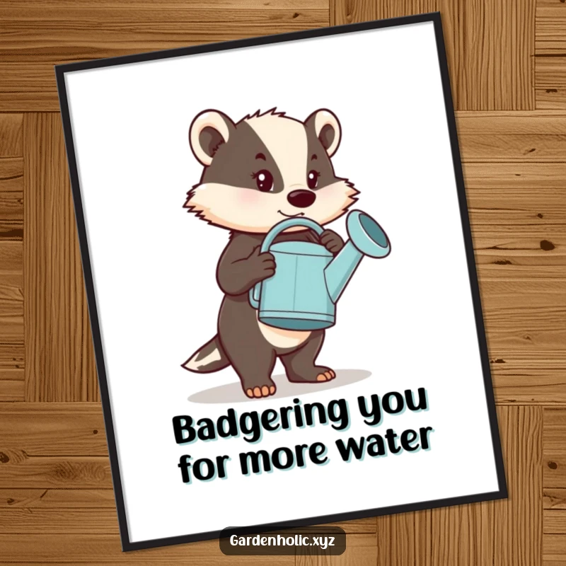 Funny Free Printable Wall Art: A determined badger humorously carries an oversized watering can, a statement piece.