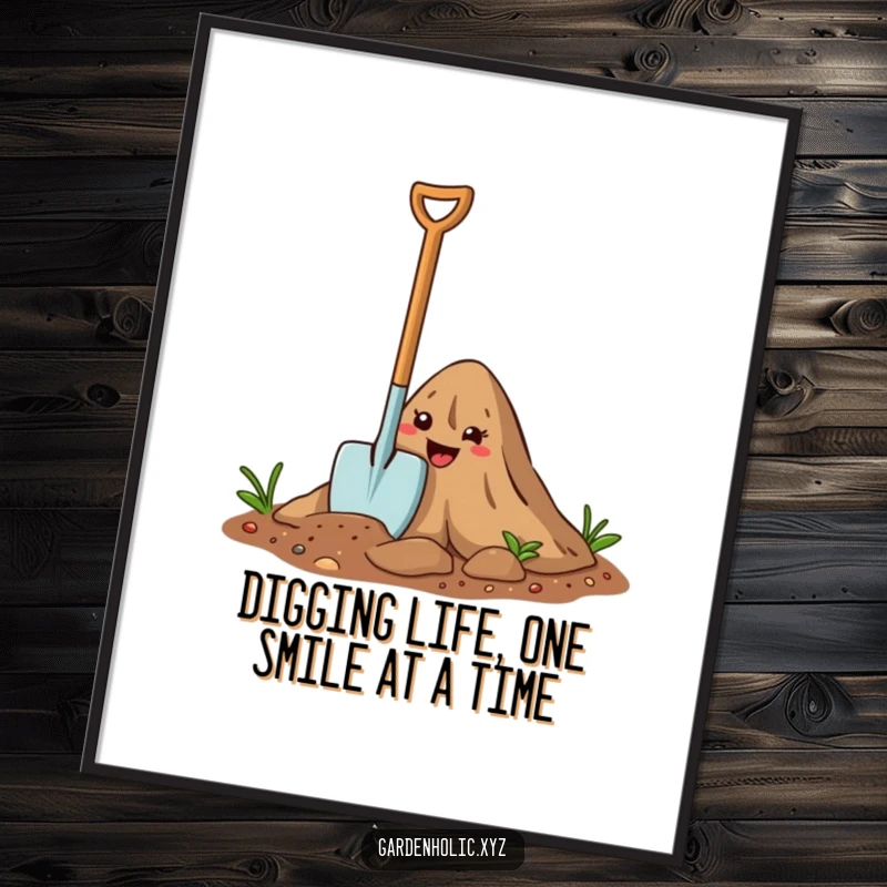 Funny Free Printable Wall Art: A happy cartoon trowel character digging into a smiley dirt mound, cheerful and earthy.