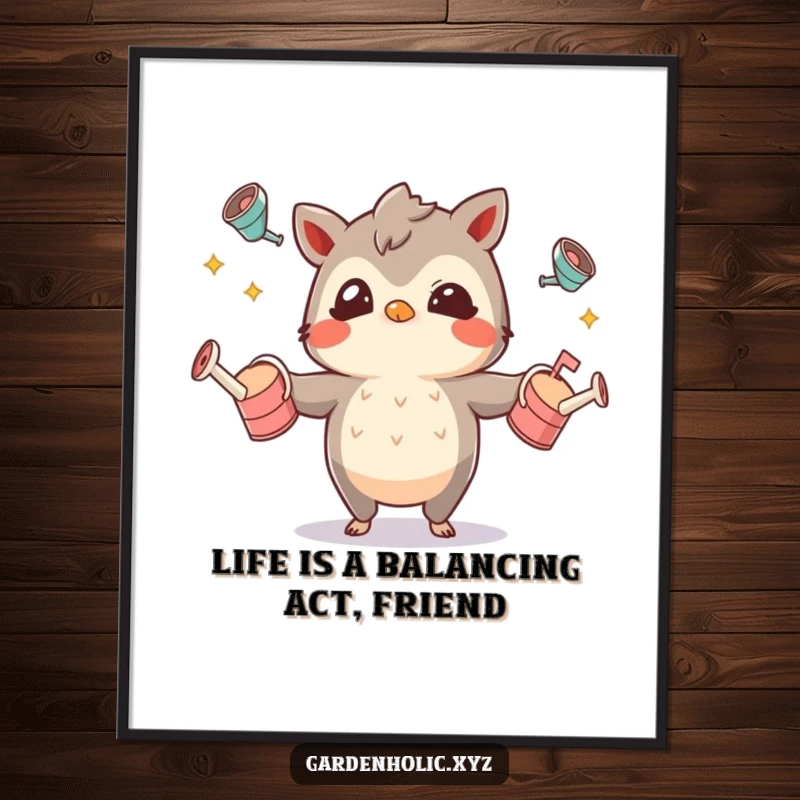 Funny Free Printable Wall Art: Character with a mischievous glint juggles multiple small watering cans with impressive skill.