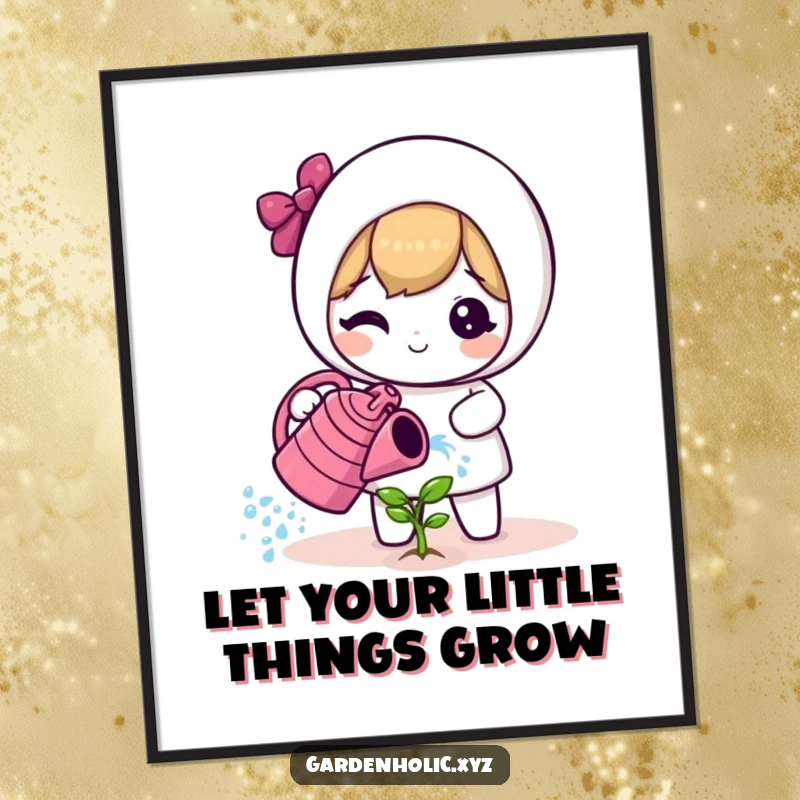 Funny Free Printable Wall Art: A cute character happily sprays water from a watering can onto a small, green sprout.