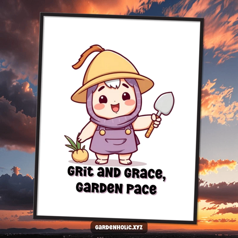 Funny Free Printable Wall Art: A whimsical character in a hat happily waves a small gardening trowel, perfect for quirky decor.