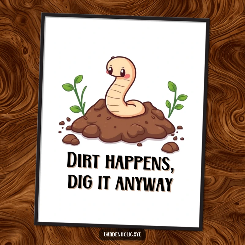 Funny Free Printable Wall Art: Cute worm happily wiggling through soil, a humorous garden illustration.