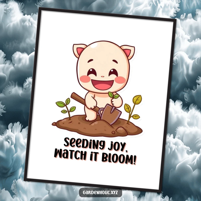 Funny Free Printable Wall Art: Cheerful character with a wide grin planting a seed with a small shovel.