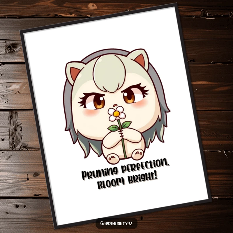 Funny Free Printable Wall Art: Determined character with focused eyes pruning a tiny flower with care.