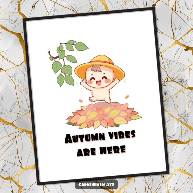 Funny Free Printable Wall Art: Joyful character wearing a sun hat, bouncing on a big pile of soft autumn leaves.