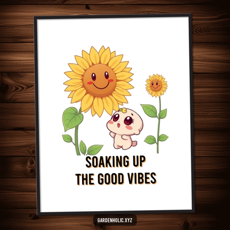 Funny Free Printable Wall Art: Surprised character with wide eyes looking up at a huge, smiling sunflower.