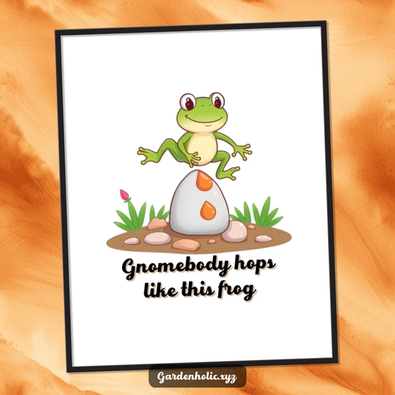 Funny Free Printable Wall Art: A frog comically jumps over a garden gnome, bringing playful humor to your decor.