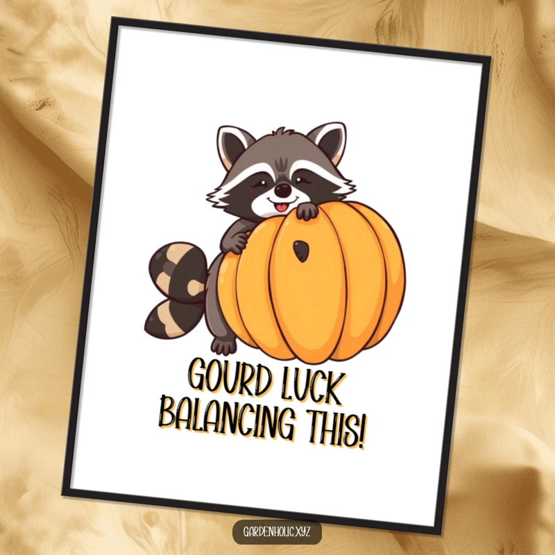 Funny Free Printable wall art of a giggling raccoon character attempting to balance a very large pumpkin, evoking autumn fun.